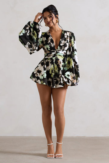 Katsura Black Floral Print Satin Plunge-Neck Playsuit